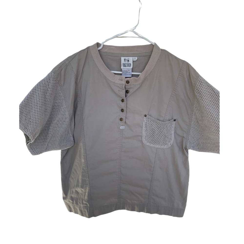 Vintage 80s Together! Tan and cream mesh fishnet pocket shirt
